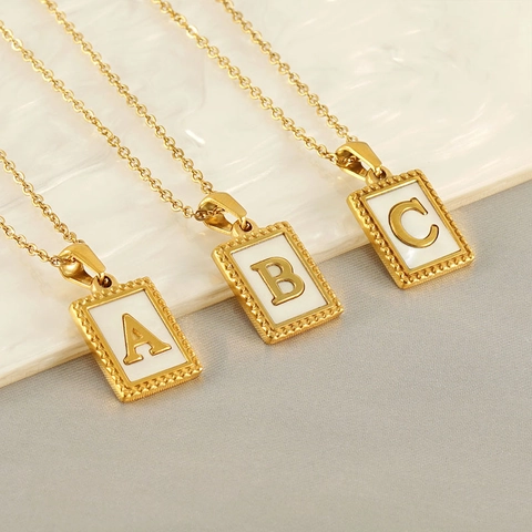 Roestvrijstalen Ketting Rechthoek Schelp Beginletter Hanger 18K Verguld Retro Mode Voor Dames