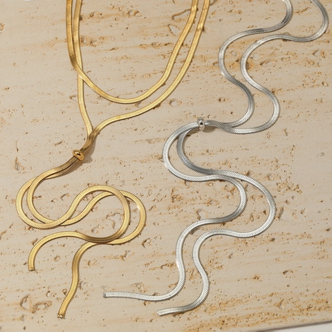Minimalist Adjustable Stainless Steel Herringbone Snake Chain Necklace Sliding Bead Y-Shape Tassel Jewelry For Women