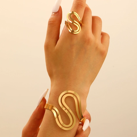 Iron Gold Modern S Shaped Hollow Bangle Open Ring Geometric Wave Bracelet Adjustable Leaf Fashion Jewelry Hand Accessories