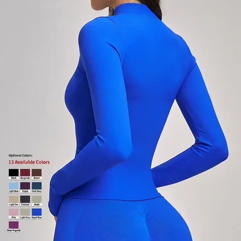 Women Athletic Yoga Jacket Seamless Knit Nylon Spandex Stand Collar Full Zip Thumbholes Slim Fit Running Sport Top