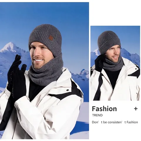 Men Winter Knitted Beanie Hat Neck Warmer And Gloves Fleece Lined Thick Warm Outdoor Sport Windproof Ribbed Acrylic