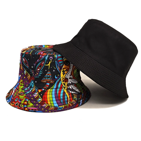 Reversible Bucket Hat Psychedelic Mushroom Mask Print Polyester Sun Shade Foldable Fisherman Cap For Men Women