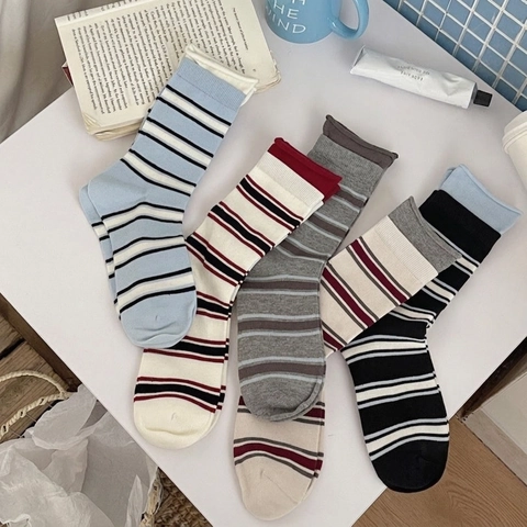 Calcetines De Media Pantorrilla Rayas Mujer Algodón Peinado Transpirable Casual Estilo Japonés