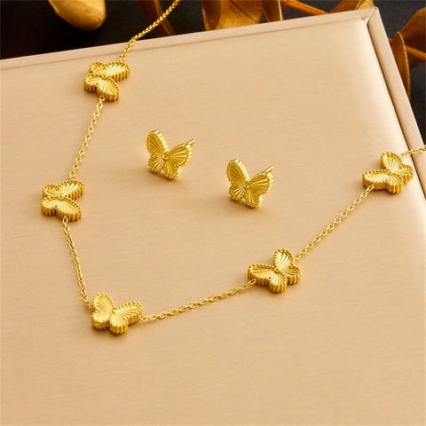 Set Di Gioielli Farfalla Acciaio Inossidabile Collana Orecchini Bracciale Placcato Oro Motivo Radiale Moda Donna