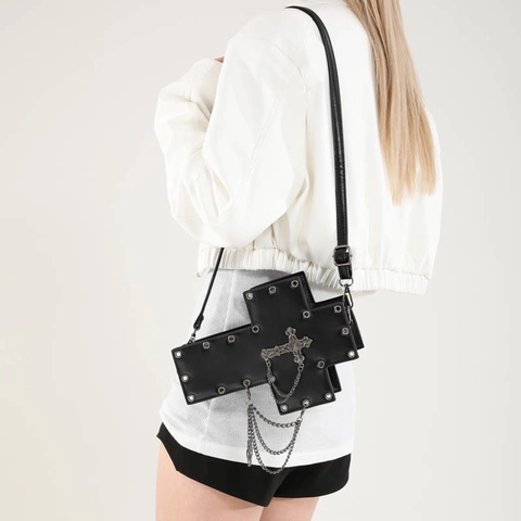 Gothic Cross Shaped Crossbody Bag For Women PU Leather With Rivets Chains And Skull Decor Punk Style Shoulder Bag