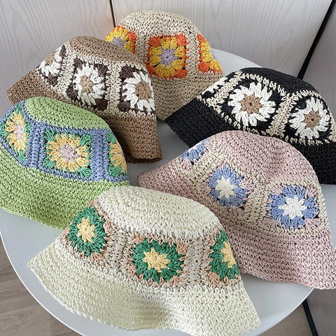 Cappello Secchiello Uncinetto Paglia Carta Ripiegabile Motivo Girasole Estate Spiaggia Viaggio Retrò Boemo Per Donne