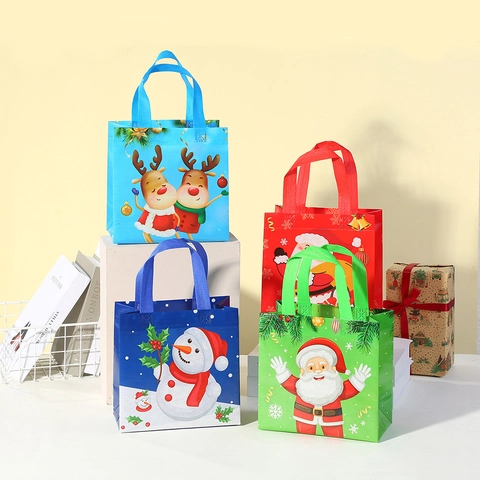 Festive Christmas Non-woven Gift Tote Bag With Santa Snowman Reindeer Prints Holiday Party Shopping Bag For Gift Packaging