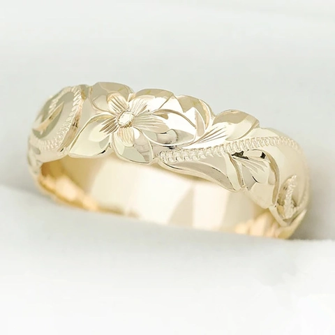 Hawaiian Plumeria Floral Carving Band Ring Copper Gold Tone Wide Textured Flower Retro Vintage Fashion For Women