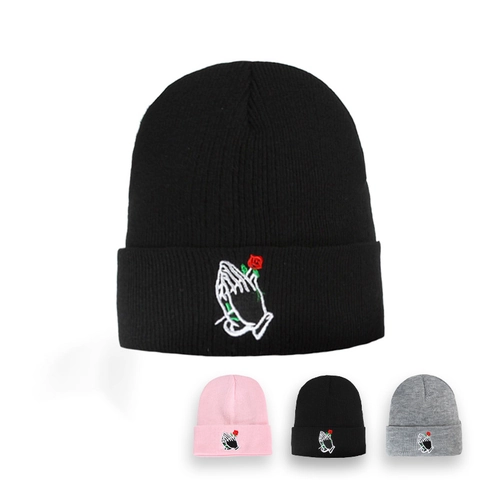Knitted Beanie Hat Acrylic Warm Winter Praying Hands Rose Embroidery Streetwear Unisex Casual