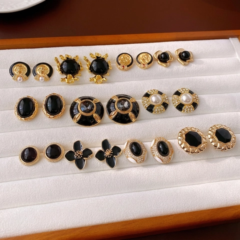 Vintage Earrings Gold Alloy Black Enamel Faux Artificial Pearl Flower Geometric With 925 Sterling Silver Earring Post