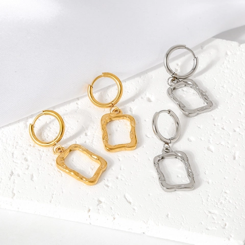 Minimalist Stainless Steel Geometric Hoop Earrings Gold Silver Hollow Rectangular Hammered Texture Dangle Earrings For Women