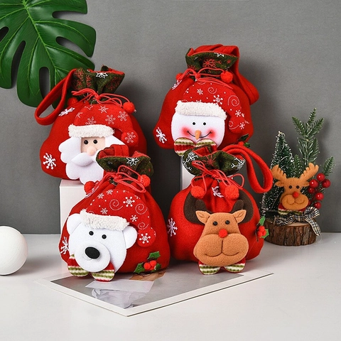 3D Cartoon Christmas Gift Bags With Drawstring Santa Claus Snowman Reindeer Bear Doll Brushed Polyester Candy Bags Xmas Party