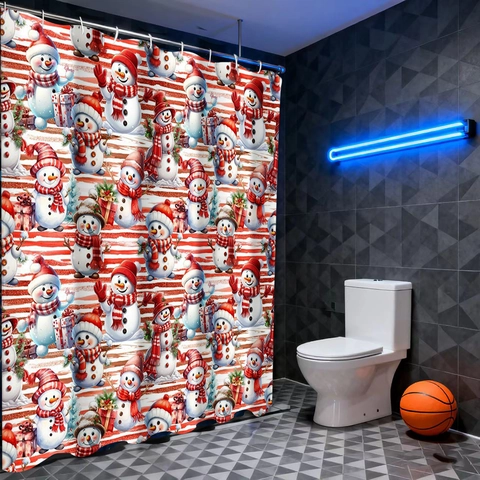 Kerst Sneeuwpop Douchegordijn Waterdicht Polyester Rood Wit Gestreepte Feestelijke Badkamer Decor Inclusief Haken