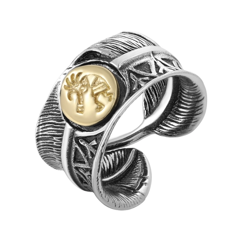 Vintage Veer Titaniumstaal Ring Voor Heren Retro Verweerd Verstelbaar Open Band Etnisch Kokopelli Medaillon Punk Sieraden