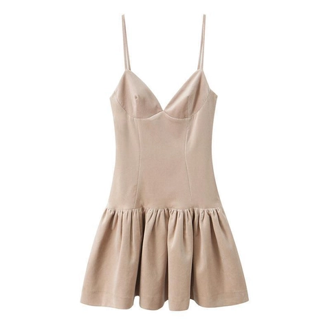 Robe Courte Sexy En Velours À Fines Bretelles Dos Nu Coupe Ajustée Ourlet Plissé Kaki Clubwear Femmes