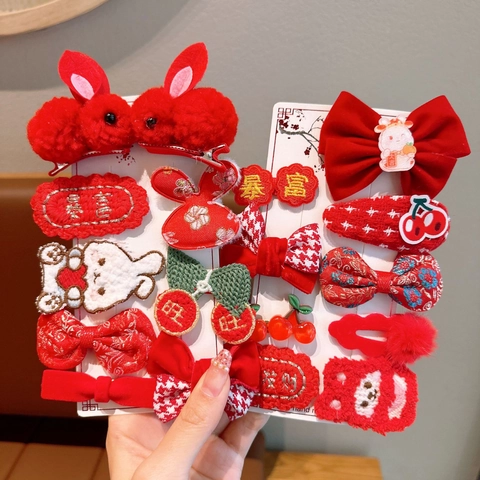 Kids Hair Clips And Hair Ties Fabric Plush Ribbon Embroidery Red Festive Rabbit Bow Knot Chinese New Year Spring Festival Party Girls Children Headwear