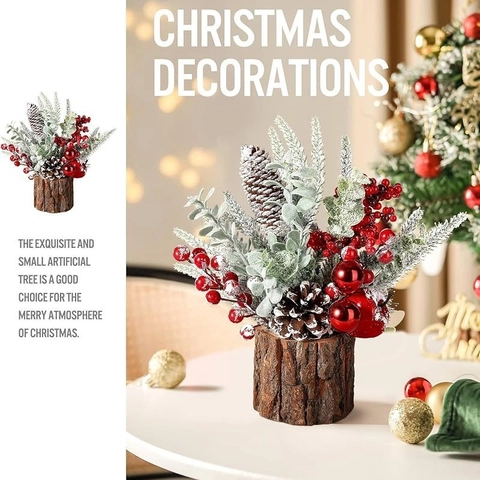 Mini Artificial Christmas Tree Tabletop Decoration Frosted Pine Needles Pine Cones Wood Base Red Berries Potted Ornament