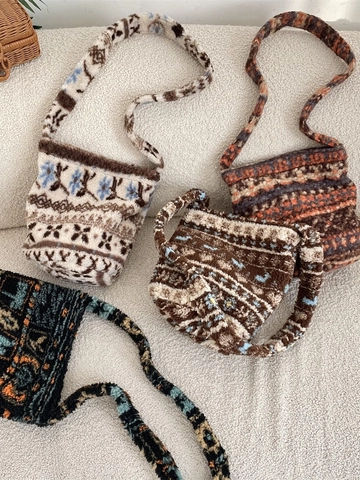 Borsa A Tracolla Secchiello In Peluche Grande Capacità Pile Tela Jacquard Etnico Retro Stile Nordico Inverno Daily Tote