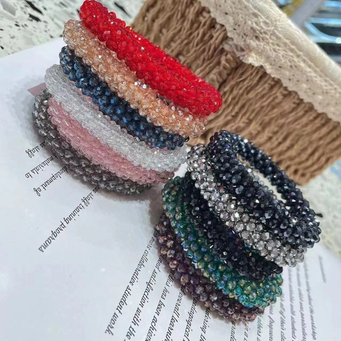 Crystal Beaded Hair Ties Faceted Glass Beads Elastic Hair Rings For Ponytail Bun Korean Style Simple Elegant Accessories