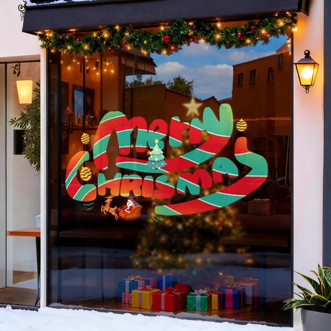 Adesivi Per Finestre Di Natale Merry Christmas PVC Statici Riutilizzabili Doppia Faccia Decorazioni Per Porte In Vetro Babbo Natale Renna