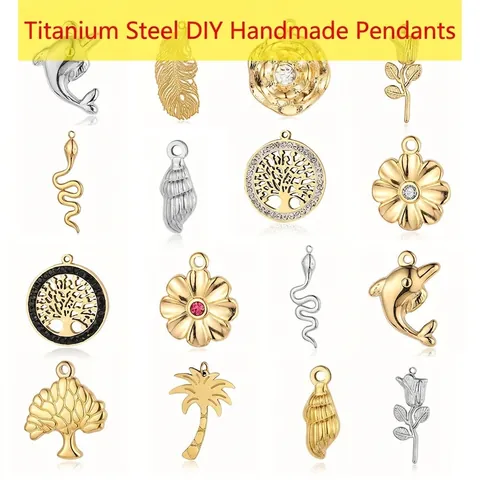 Stainless Steel Pendants Gold Plated Dolphin Rose Flower Tree Of Life Snake Wing Charms French Vintage DIY Jewelry Making