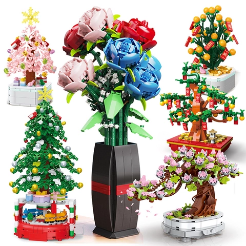 Christmas Tree Orange Potted Plant Building Block Kit DIY Flower Bouquet Toy For Kids Adults Festive Home Decoration Gift