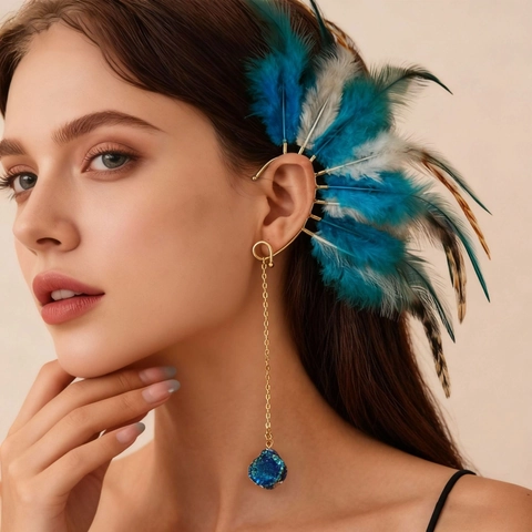 Bohemian Feather Ear Hook Cuff Long Tassel Alloy Resin Crystal Exaggerated Retro Jewelry For Women