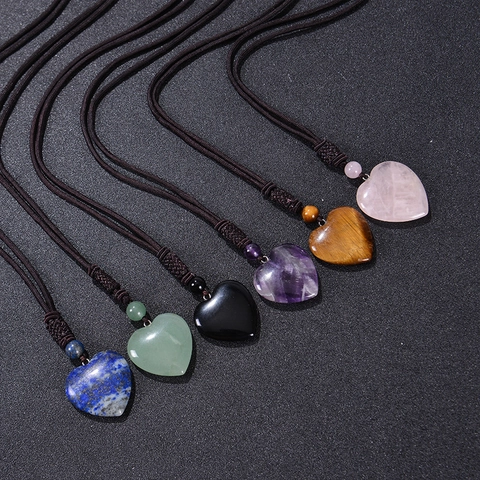 Collana Con Pendente A Cuore In Pietra Naturale Corda Intrecciata Regolabile Ametista Quarzo Rosa Ossidiana Gioielli