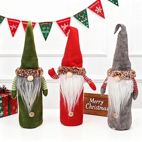 Weihnachts Weinflaschenhülle Zwerg Design Vliesstoff Kunstpelz Bart Holzknopf Gestreifte Arme Festliche Tischdekoration
