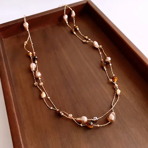 Long Beaded Necklace With Tiger Eye Stone Imitation Artificial Pearl Copper Chain French Retro Style Elegant Jewelry For Women