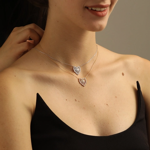 925 Sterling Silver Heart Pendant Necklace 18K Gold Plated Hollow Radiant Zircon Inlaid Elegant Chain For Women