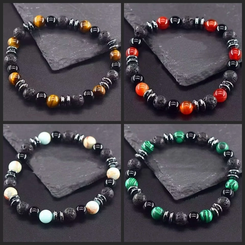 Natural Tiger Eye Lava Rock Beaded Bracelet For Men Handmade Healing Energy Yoga Stretch Jewelry Stone Gifts