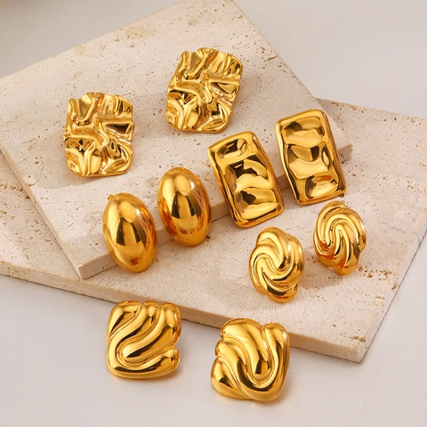 Minimalist Geometric Earrings 18K Gold Plated Stainless Steel High Polished Textured Square Oval For Women