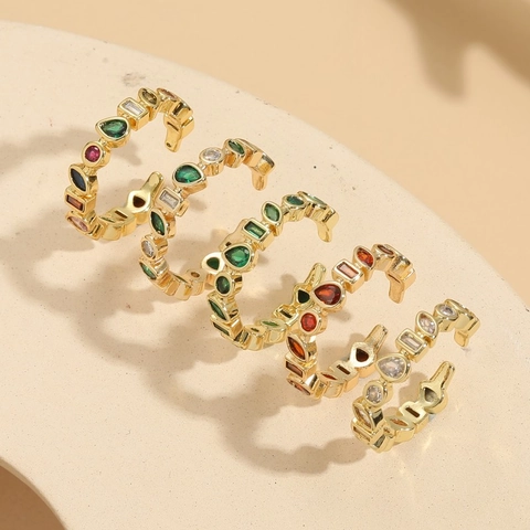 Anelli Aperti Geometrici Rame Placcato Oro 14K Zirconi Colorati Regolabile Gioielli Di Moda Vintage Per Donna