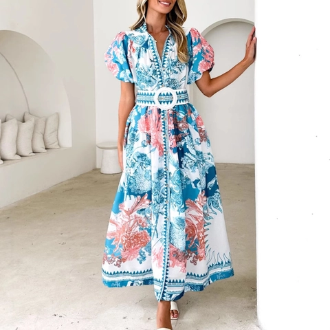 Bloemenprint Maxi Jurk Met V-Hals Pofmouwen Met Riem Bohemien Vakantie Lange Jurk Dames Polyester