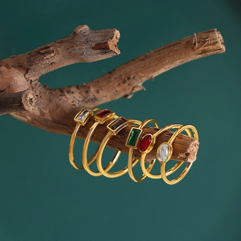 Minimalistische Dunne Ring Titanium Staal Verguld Kleurrijke Zirkoon En Glassteen Sieraden Voor Dames