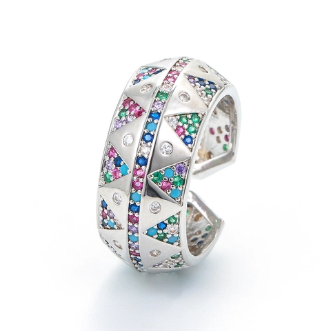 Geometric Triangle Adjustable Ring Copper Plated 18K Gold Multicolored Cubic Zirconia Bohemian Ethnic Style Jewelry