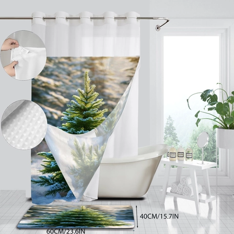 Shower Curtain And Bathroom Mat With Snap-In Liner Waterproof Polyester Waffle Weave Mesh Window