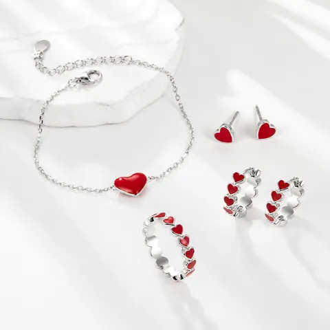 Joyería De Corazón De Plata De Ley 925 Anillos Pendientes De Aro Pendientes De Botón Pulsera Para Mujer Esmalte Colorido Moda Elegante