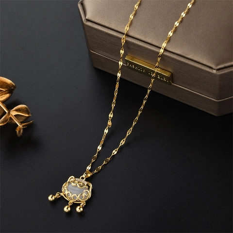 Ruyi Safety Lock Pendant Necklace Titanium Steel With Simulated White Jade Zircon And Bells Chinese Style For Women