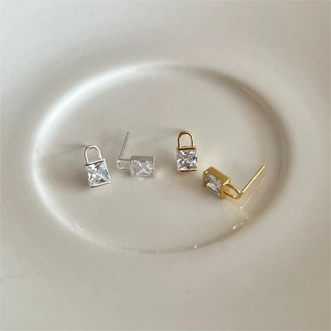 Padlock Stud Earrings With Square Zircon 925 Sterling Silver 18K Gold Plated Fashion Simple Chic Women Jewelry