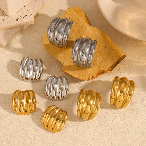 Croissant Stud Earrings 18K Gold Plated Stainless Steel Ribbed Dome Geometric Minimalist Jewelry For Women