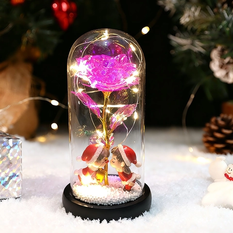 Rosa de Navidad LED Cúpula de Vidrio Muñeca de Pareja Luz Nocturna Decoración Festiva para el Hogar Regalo de San Valentín Adorno