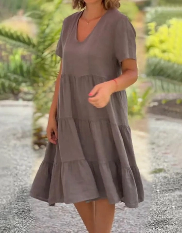 Robe Midi d'Été pour Femmes à Col en V et Manches Courtes en Linge de Coton Doux à Étages Grande Amplitude Couleur Unie Décontractée