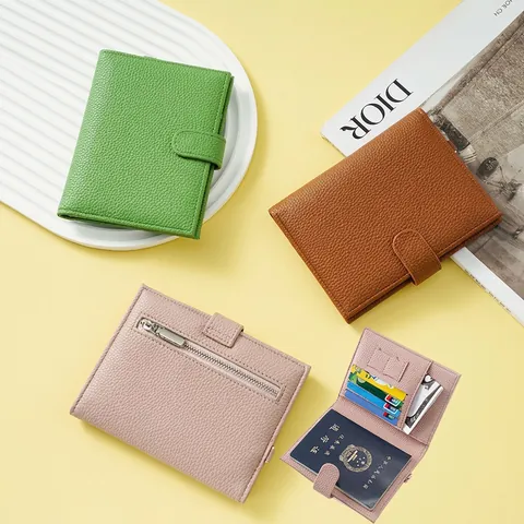 Porta Passaporto Blocco RFID Pelle PU Motivo Litchi Portafoglio Da Viaggio Con Cordino Rimovibile Porta Carta Identità Zip Sottile