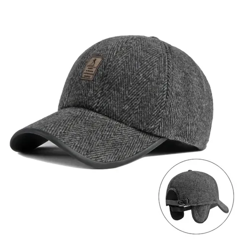 Vintage Men Winter Baseball Cap With Earflaps Herringbone Woolen Fabric Warm Outdoor Windproof Adjustable Dad Hat