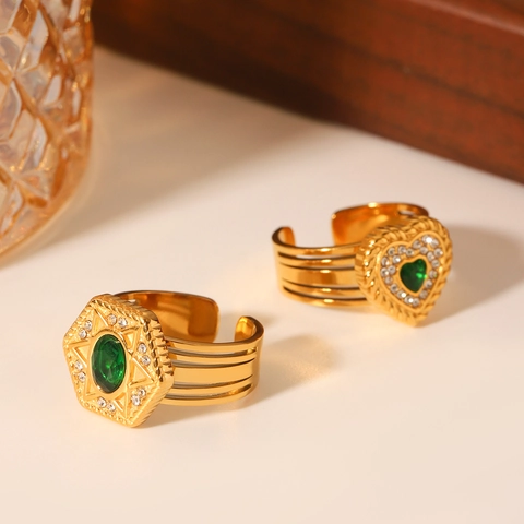 Vintage Edelstahl Offene Ringe Für Frauen Grüner Zirkon Herz Hexagramm Sternform Verstellbar Trendiger Schmuck