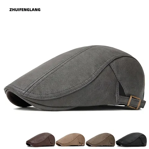 Men's PU Leather Flat Cap Adjustable Waterproof Autumn Winter Warm Vintage Ivy Newsboy Beret Hat