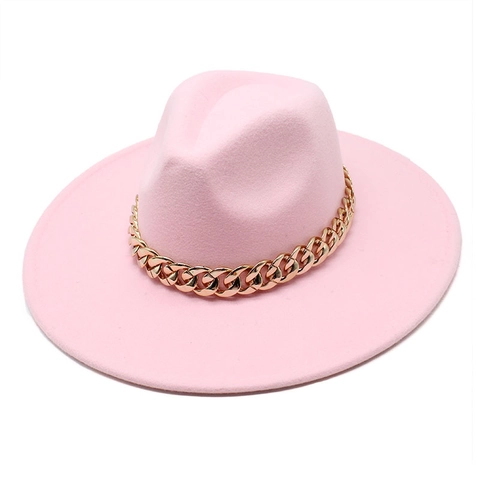 Wide Brim Fedora Hat Woolen Felt With Gold Metal Chain Fashion Jazz Cap For Men Women British Retro Style