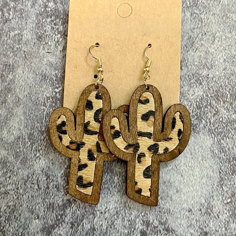 Cactus Drop Earrings Wood Inlay Genuine Leather Horse Hair Leopard Cow Print Western Bohemian For Women